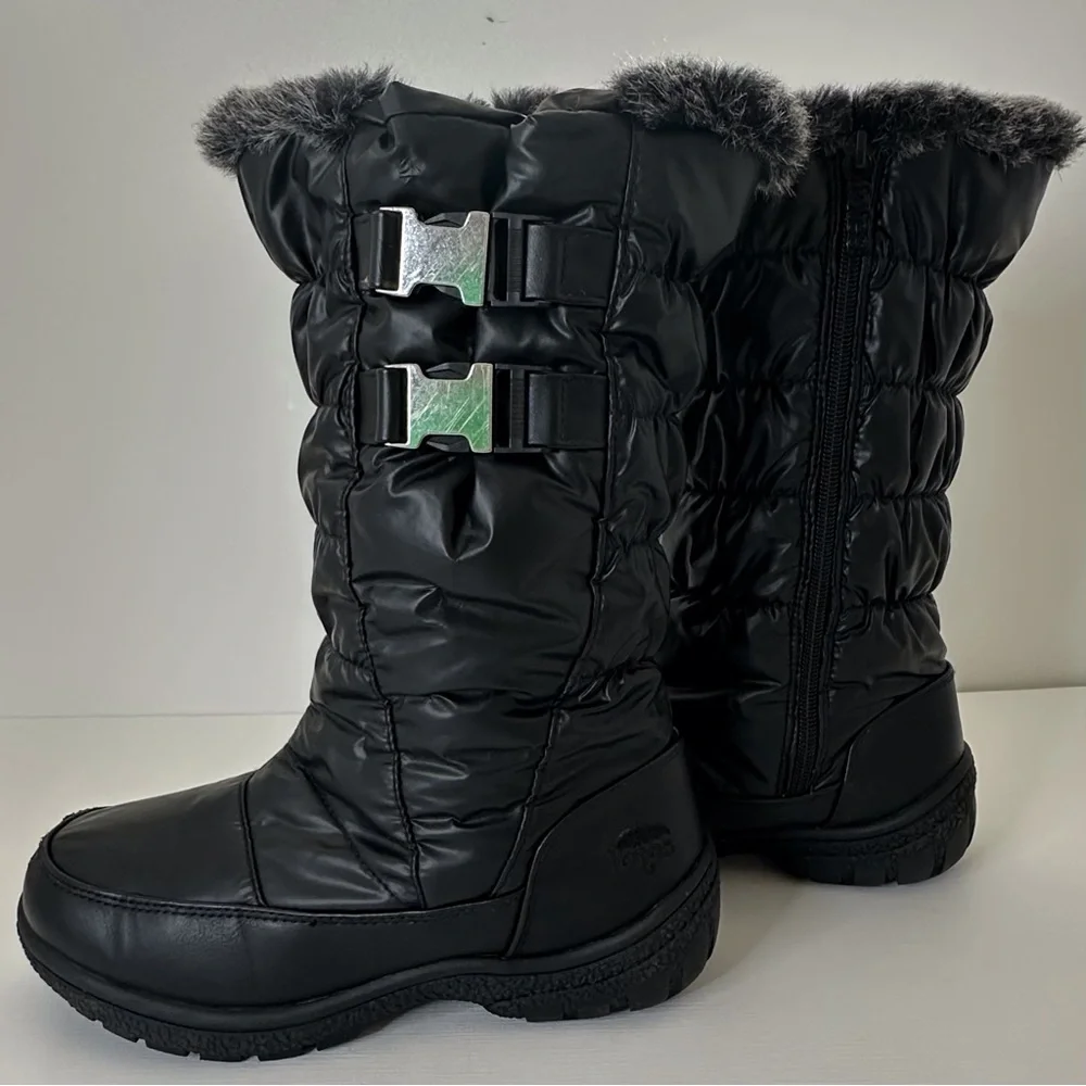 Totes black‎ winter snow boots w/ faux fur trim side zipper & buckle women’s 6
